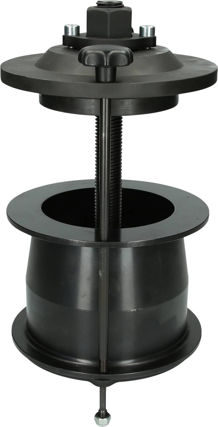 Outil cylindrique noir utilisé pour le montage de joints en caoutchouc, composé de deux disques reliés par une vis centrale.