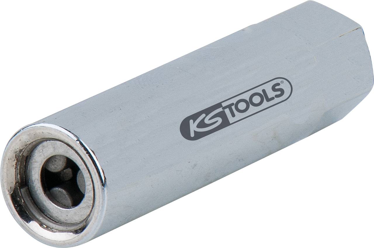 Un adaptateur de bits en argent de forme hexagonale avec le logo 'KS Tools' ; utilisé pour connecter des embouts avec une clé à anneau.