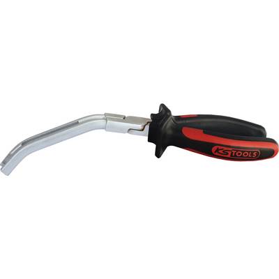 Un outil à main avec une poignée rouge et noire. La partie métallique a une forme incurvée. L'outil convient pour desserrer des connexions.