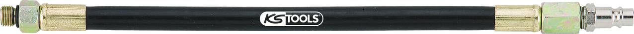 Tuyau noir et jaune avec des raccords métalliques aux deux extrémités, marqué d'un logo 'Tools' au milieu.