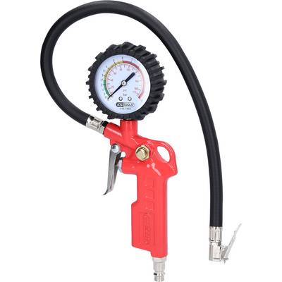 Un dispositif de contrôle de pression des pneus rouge avec manomètre et tuyau noir pour mesurer la pression des pneus.