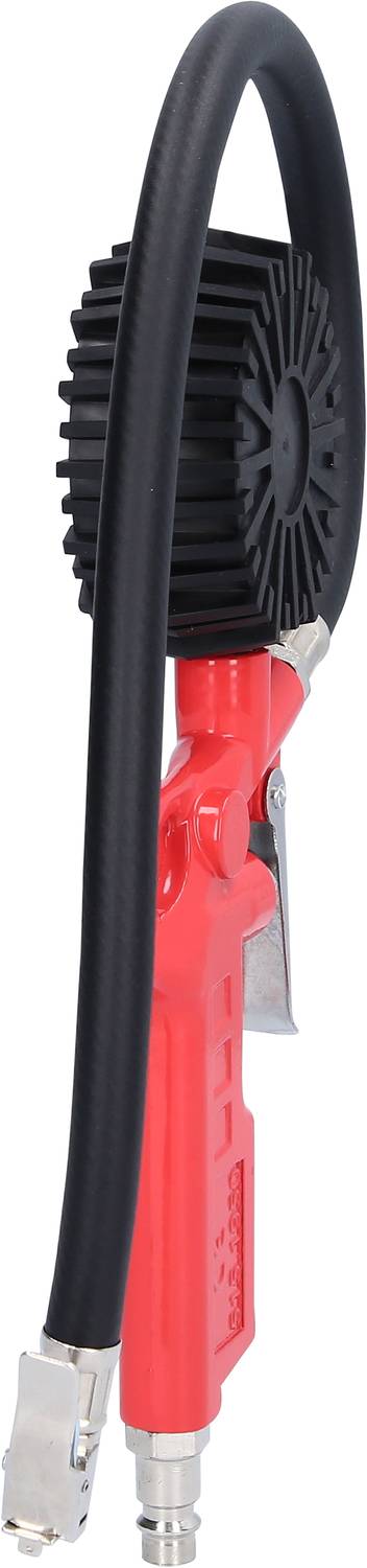 Un dispositif de gonflage de pneus rouge avec un tuyau noir et un cadran circulaire, utilisé pour mesurer et gonfler les pneus de voiture.