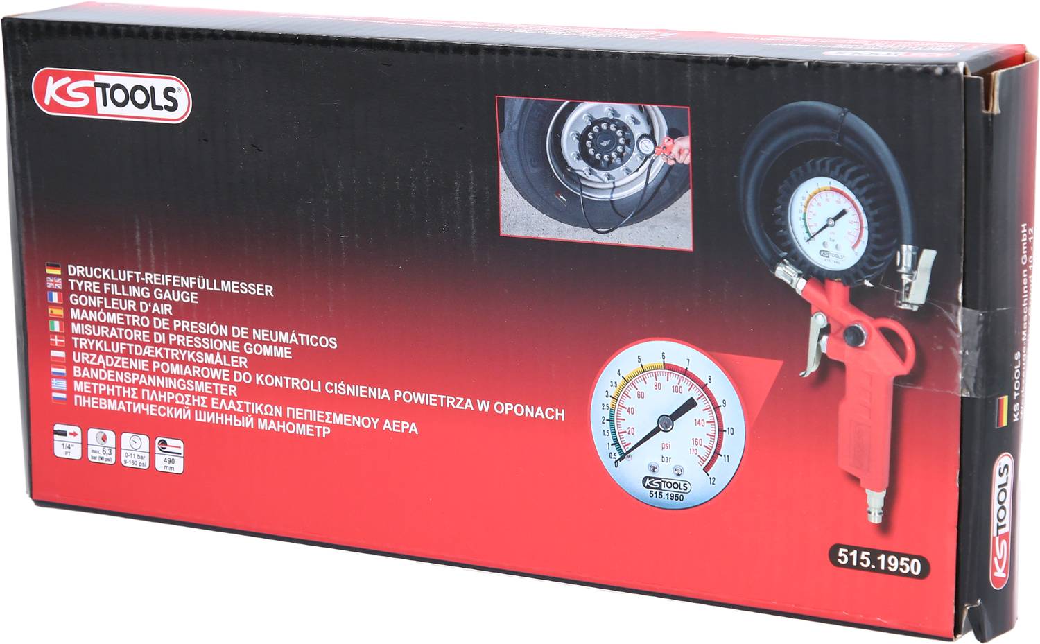 Un emballage de produit d'un manomètre pneumatique pour gonflage de pneus KS Tools, montrant un appareil de mesure et un pneu. Inscriptions en plusieurs langues.