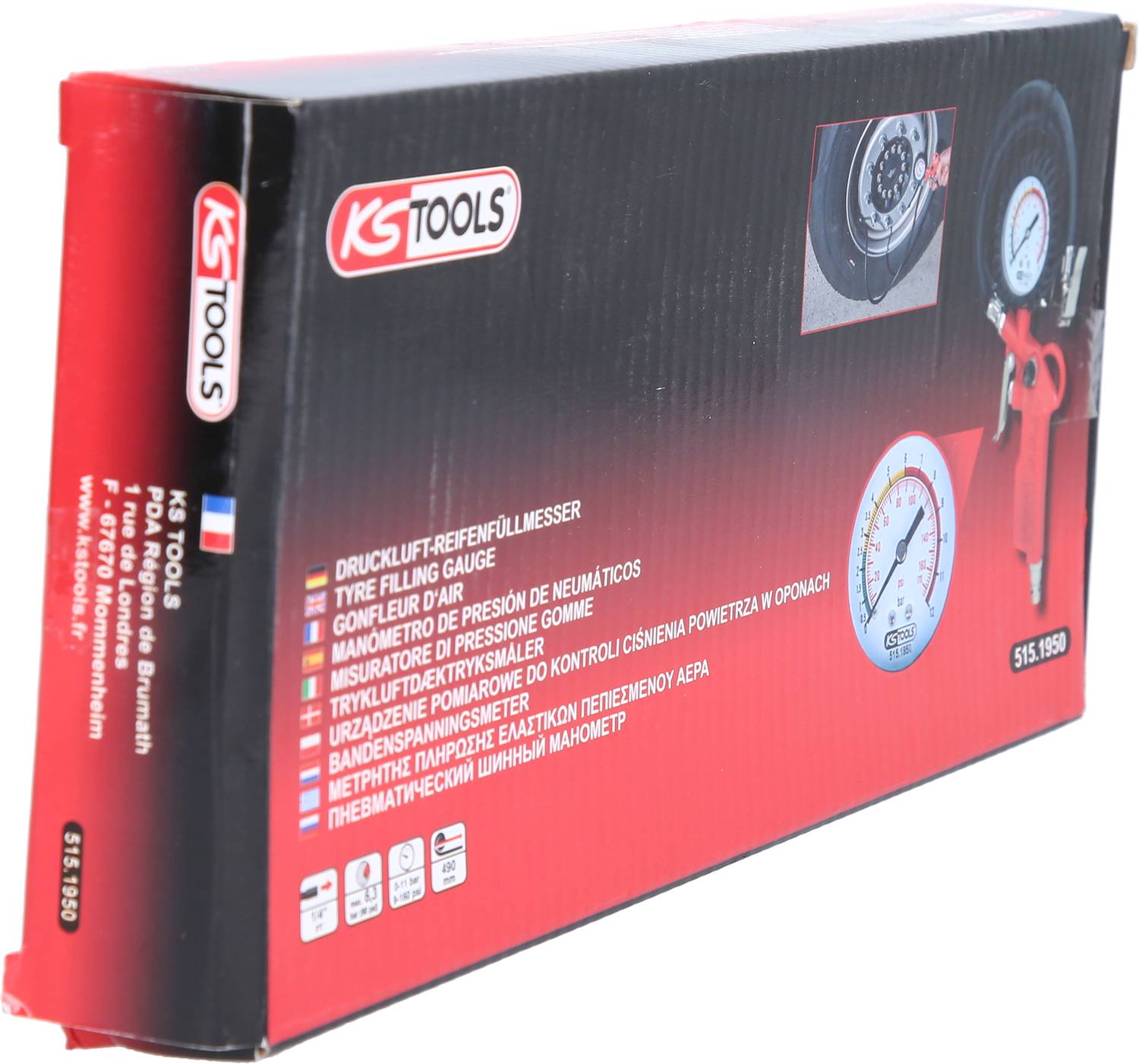 Un emballage d'un manomètre de gonflage de pneus à air comprimé de KS Tools. Sur la face avant se trouvent une image du produit et un manomètre.