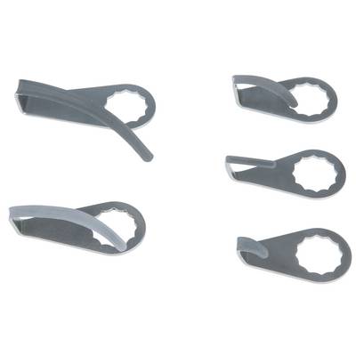 Cinq outils multifonctionnels gris avec une longue poignée et une ouverture ronde dentelée, représentés sur un fond blanc.