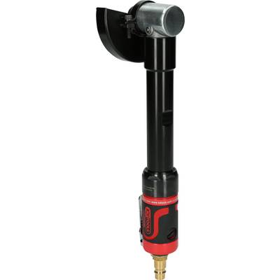 Un meuleuse d'angle pneumatique avec protection noire et boîtier rouge, adaptée aux travaux de meulage dans des espaces confinés.