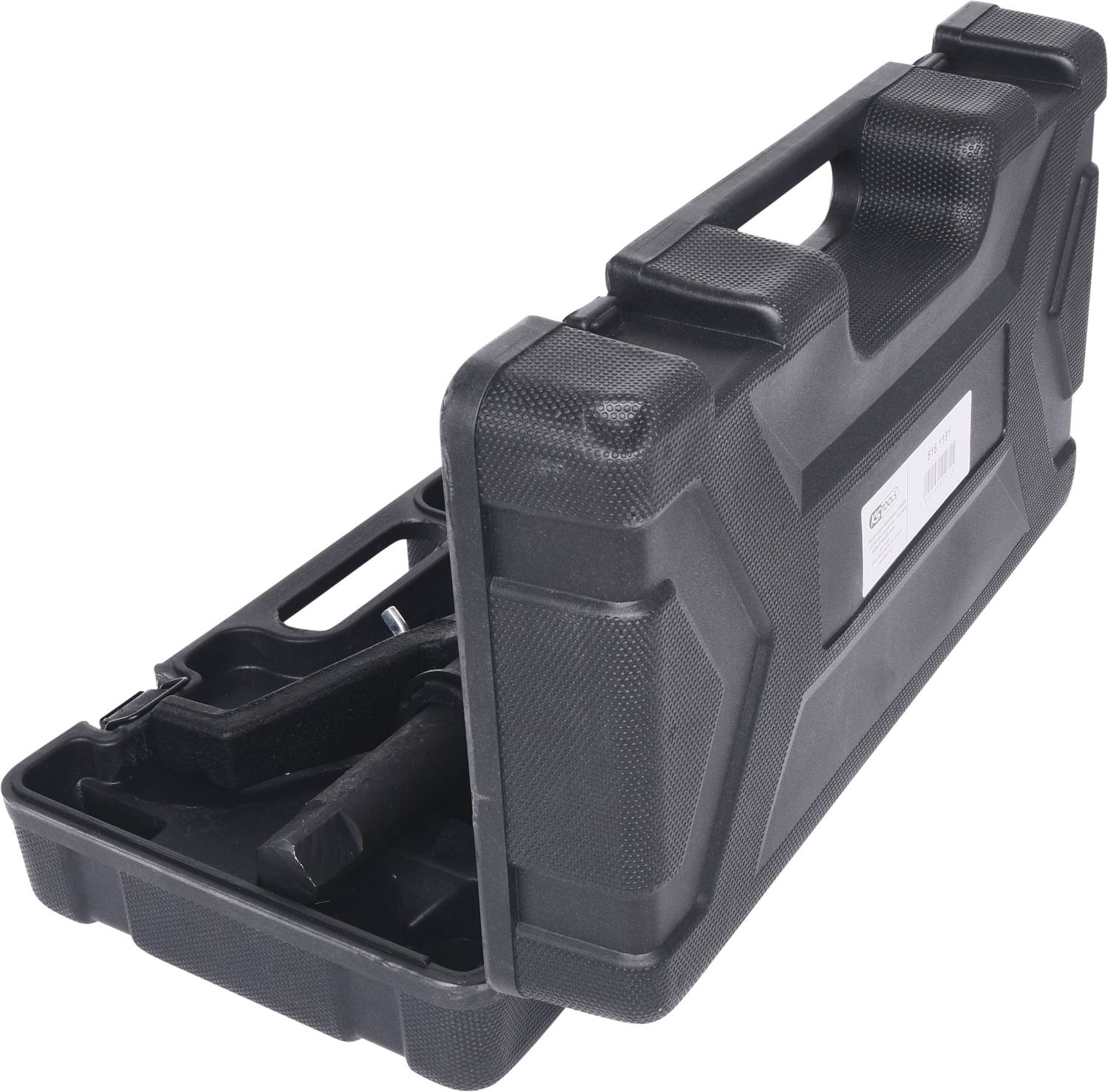 Une valise rigide noire, partiellement ouverte, révèle des outils à l'intérieur. La valise est munie d'une poignée et présente une surface structurée.