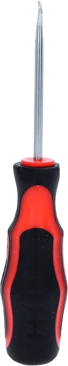 Tournevis avec manche rouge et noir et lame droite argentée.