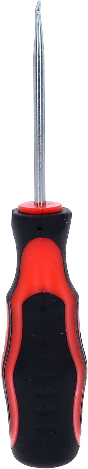 Un tournevis noir et rouge avec un embout cruciforme est représenté.