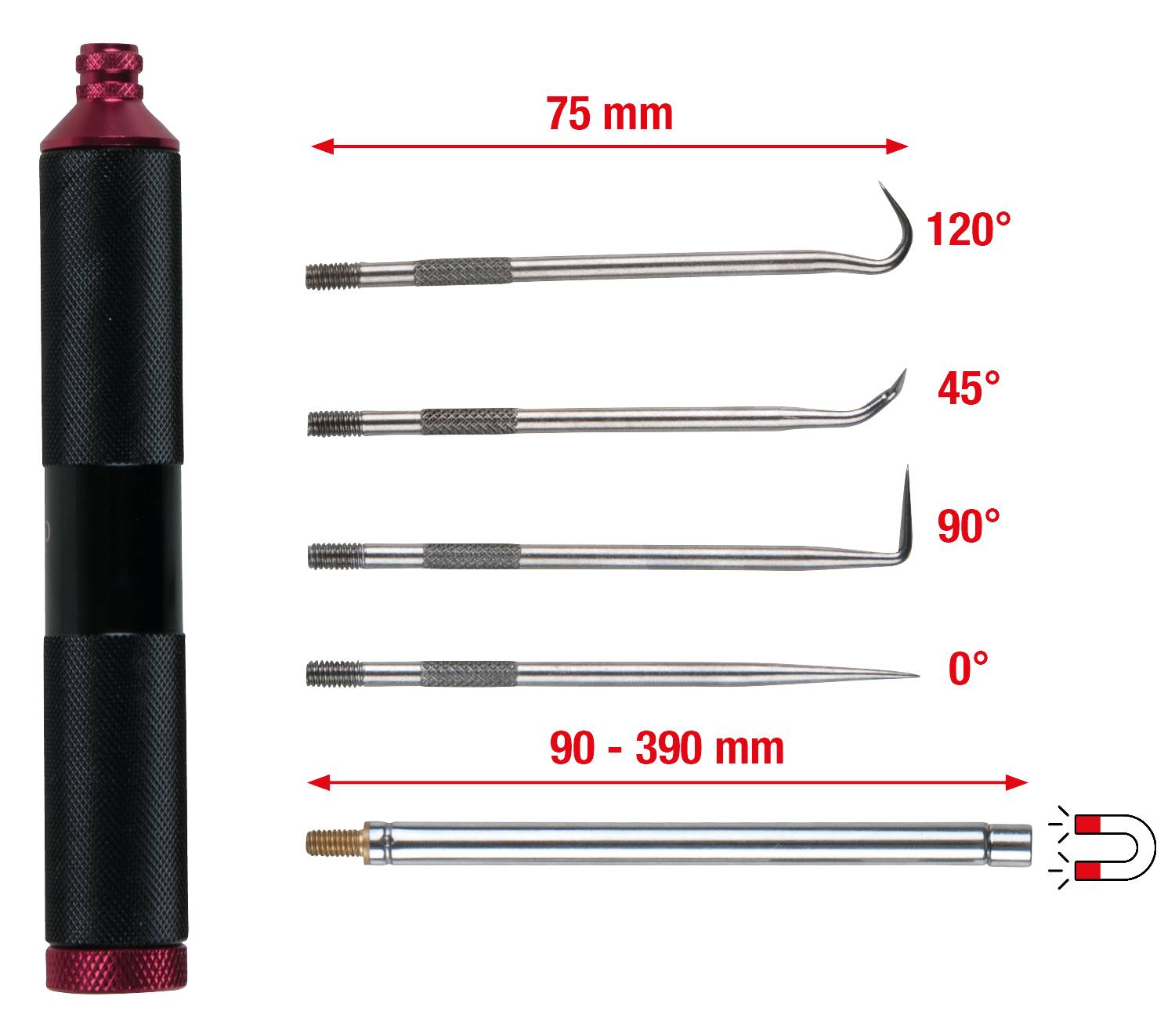 'Illustration d'un ensemble d'outils en acier courbés différemment avec des indications de longueur et d'angle à côté d'une rallonge magnétique.'