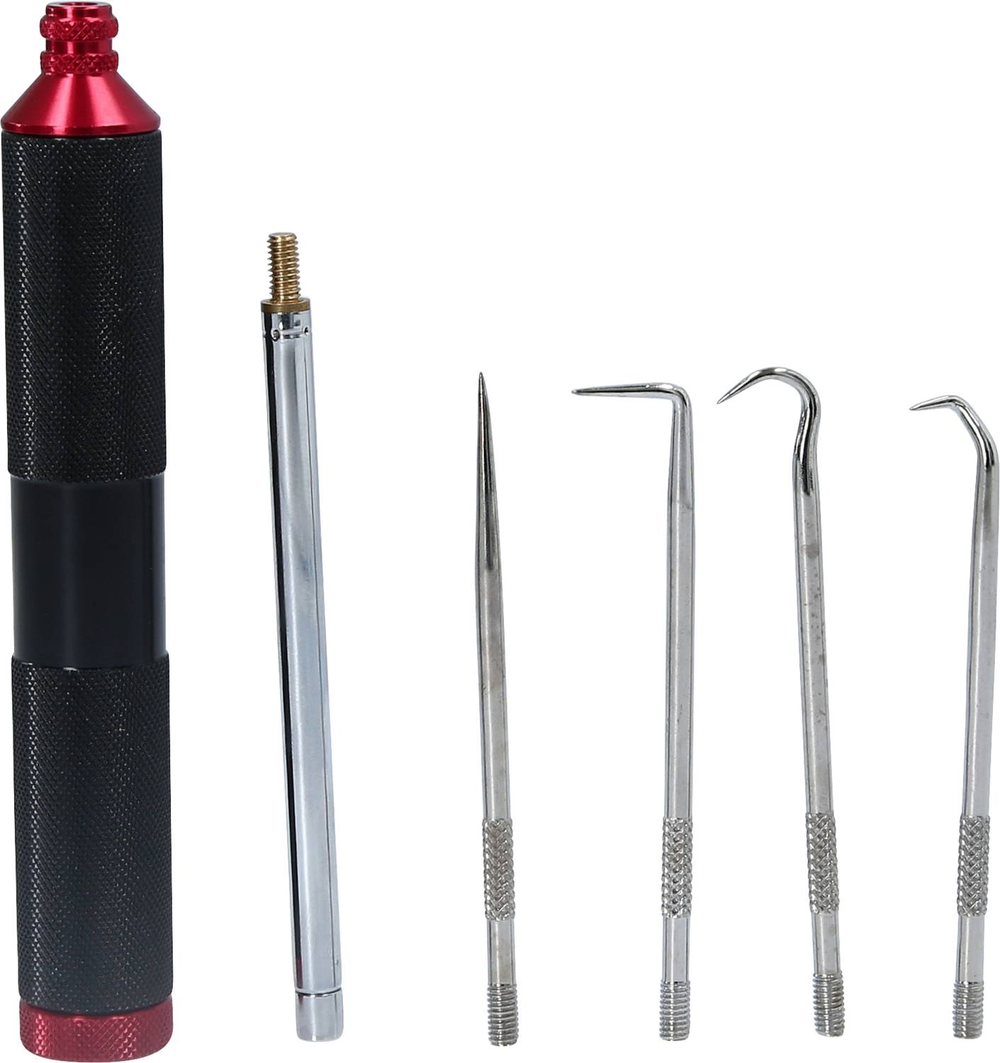 Cinq outils de précision avec des extrémités pointues et courbées et une poignée rouge et noire avec insert amovible, idéaux pour les travaux de précision.