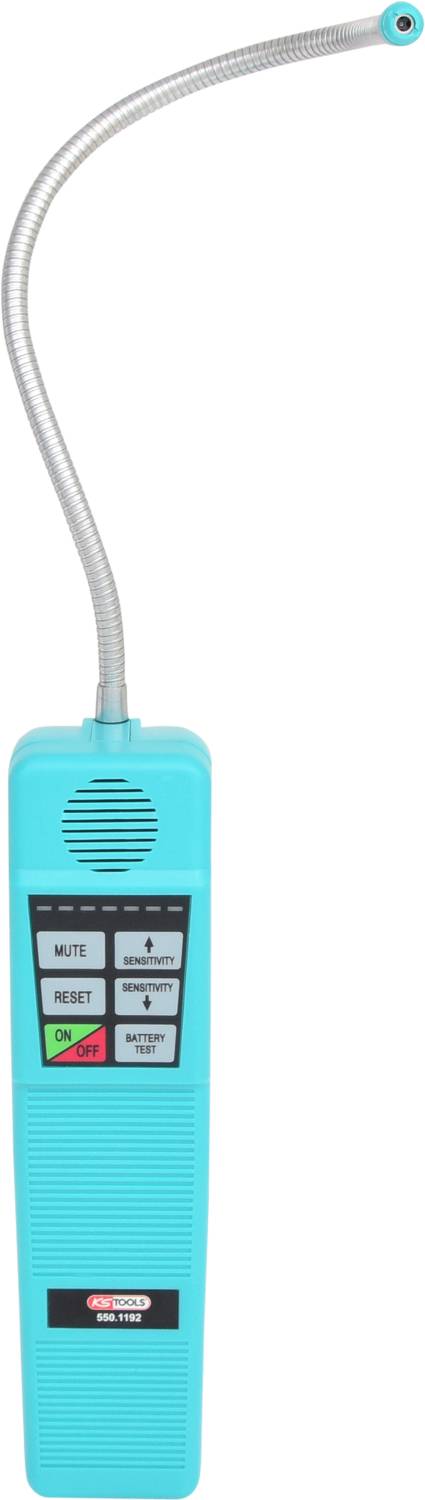 Un détecteur de fuites de gaz portable avec un col métallique flexible, un haut-parleur et des touches de fonction pour détecter les fuites.