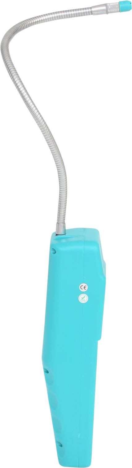 Un dispositif bleu portable avec un col métallique flexible et une petite lumière à son extrémité, probablement une lampe d'inspection.