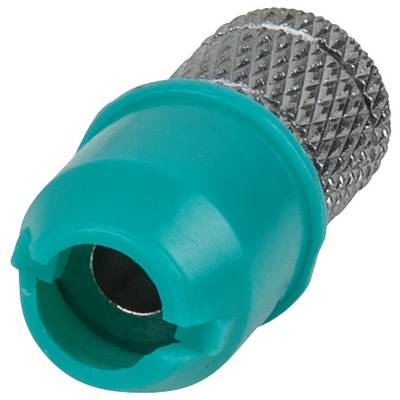 Un connecteur F vert avec une douille métallique striée pour la fixation sur des câbles coaxiaux. Utilisé dans les systèmes de télévision et satellites.