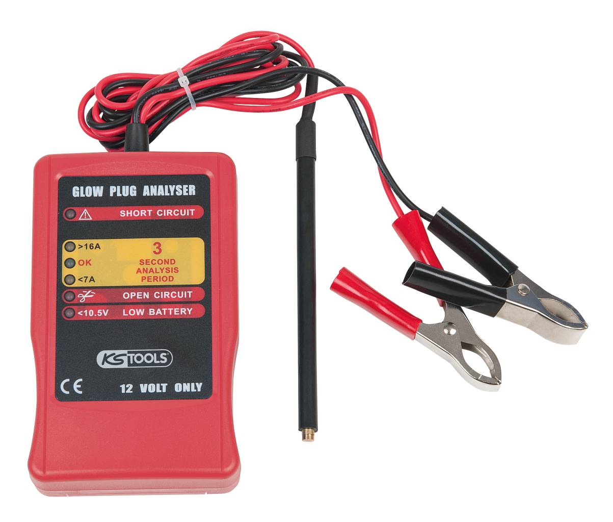Appareil de test de bougies de préchauffage rouge avec câbles et pinces. Indicateurs de court-circuit, de tension et de batterie.