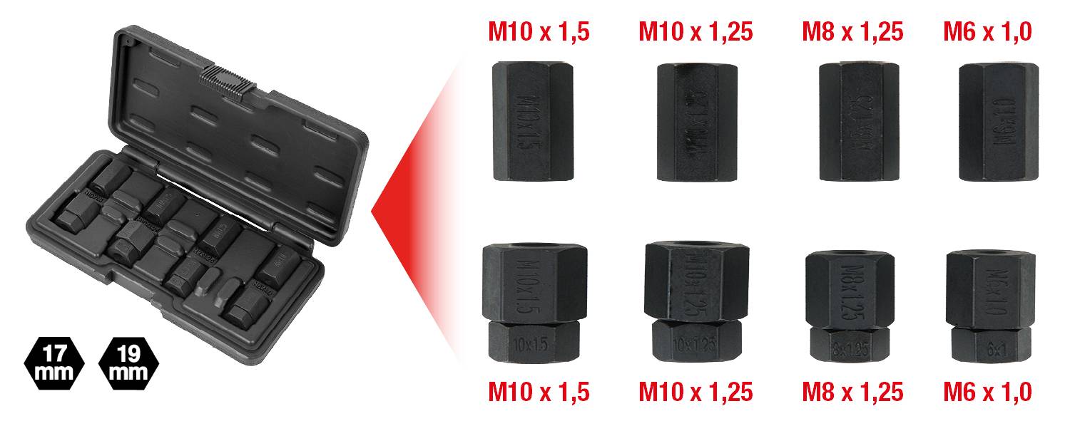Un ensemble de 8 extracteurs de vis noirs dans un coffret ouvert noir. Tailles : M10 x 1,5, M10 x 1,25, M8 x 1,25, M6 x 1,0.