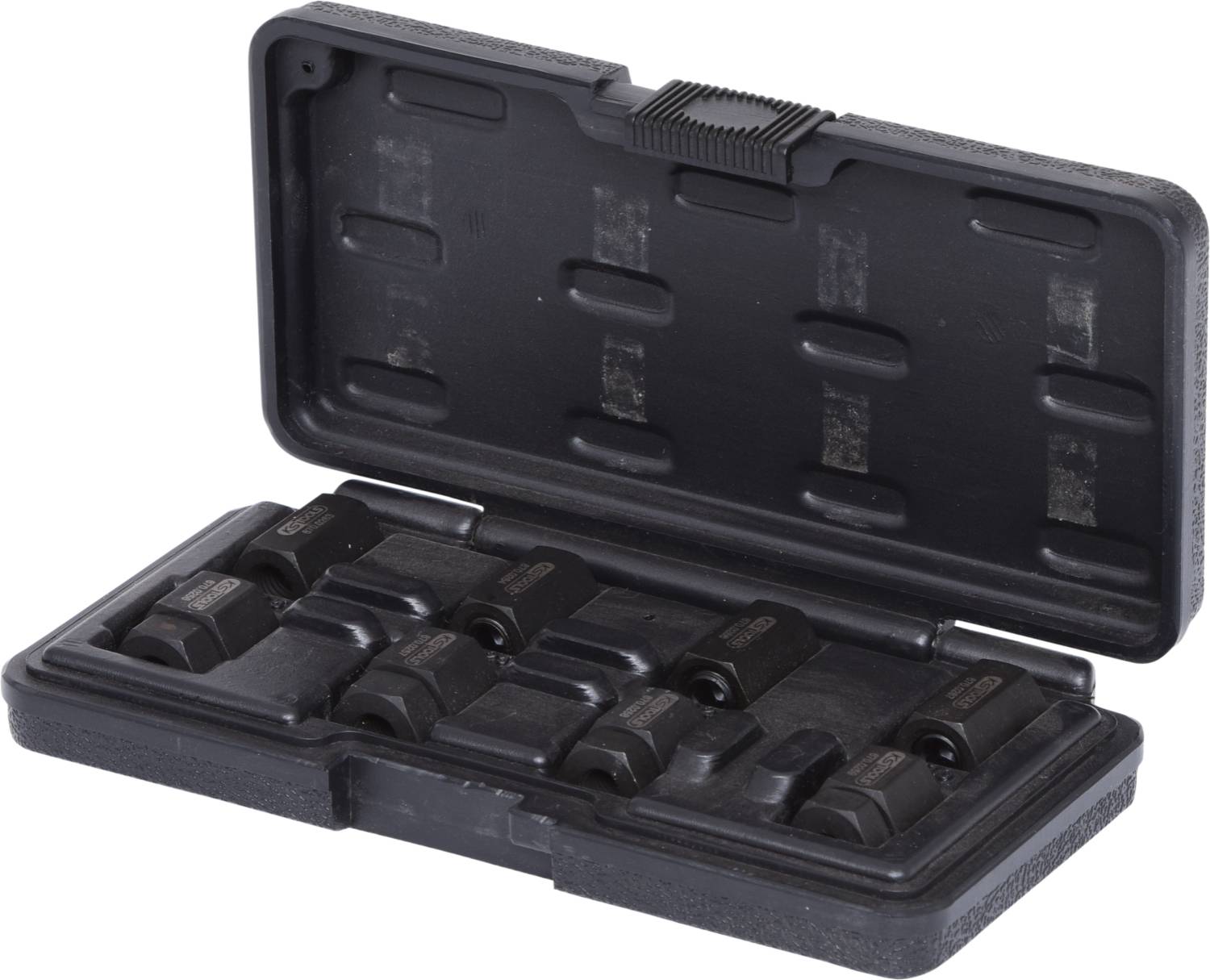 Une boîte à outils noire au couvercle ouvert, contenant six tampons métalliques carrés de différentes tailles.