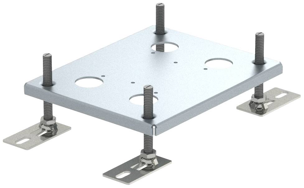 Plaque métallique avec quatre vis réglables aux angles, fixée sur des pieds métalliques. Utilisée pour un montage stable ou un nivellement précis.