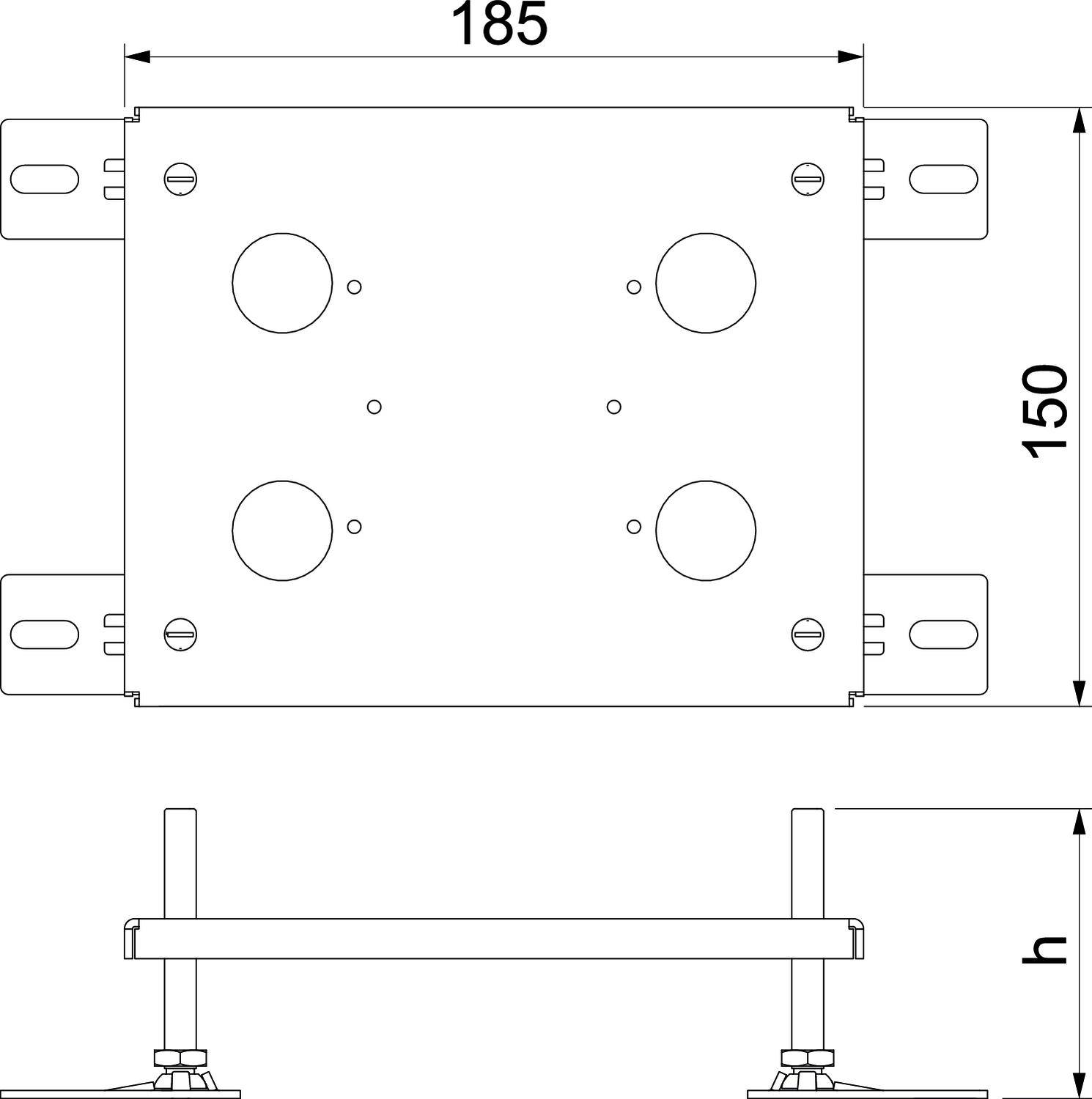 Dessin technique d'une solution de montage avec dimensions : Largeur 185 mm, Hauteur 150 mm, éléments de fixation latéraux. Vue de dessus et vue latérale.