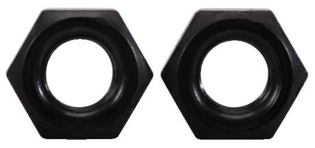 Deux écrous hexagonaux noirs côte à côte sur un fond blanc.