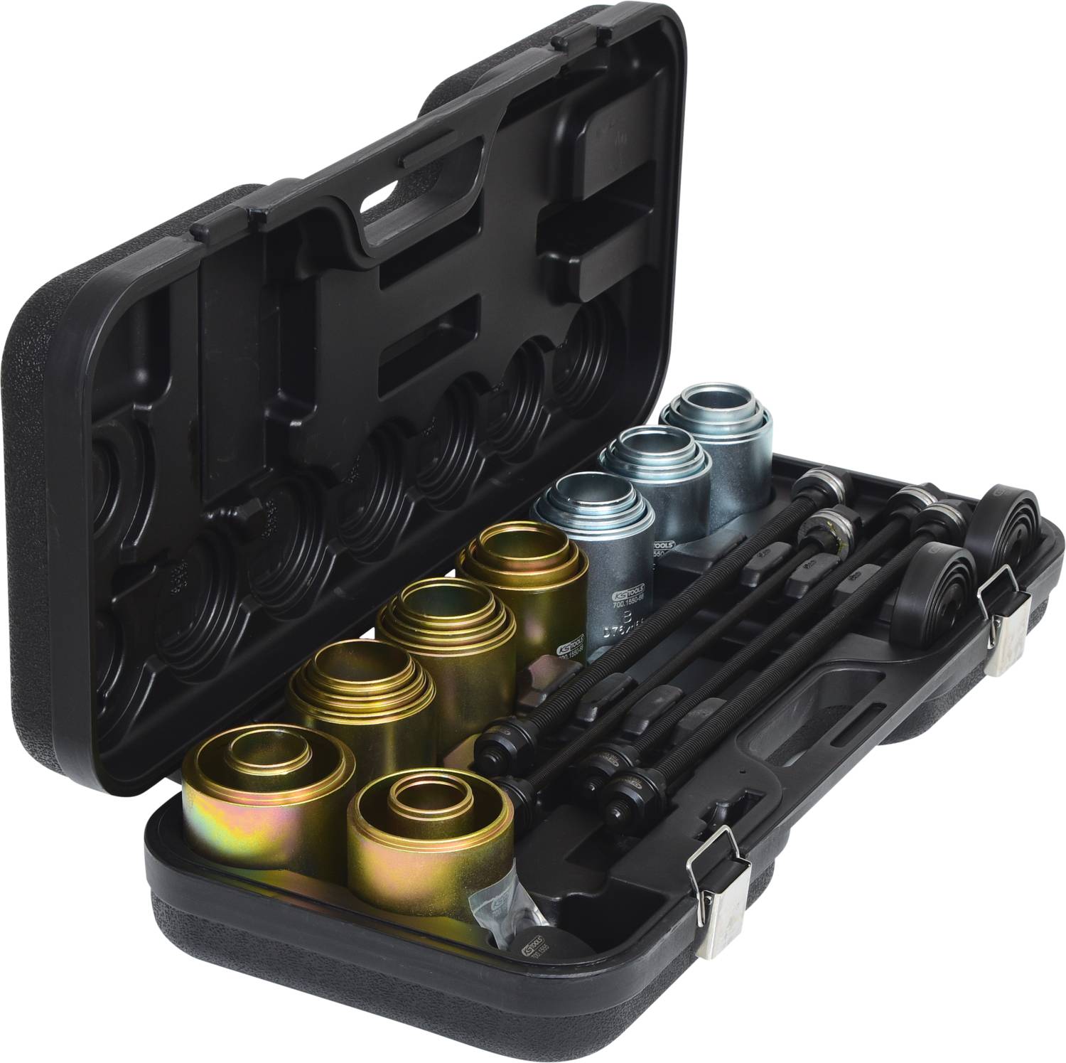 Coffret à outils ouvert contenant différentes pièces et tiges métalliques, utilisé pour les réparations automobiles.