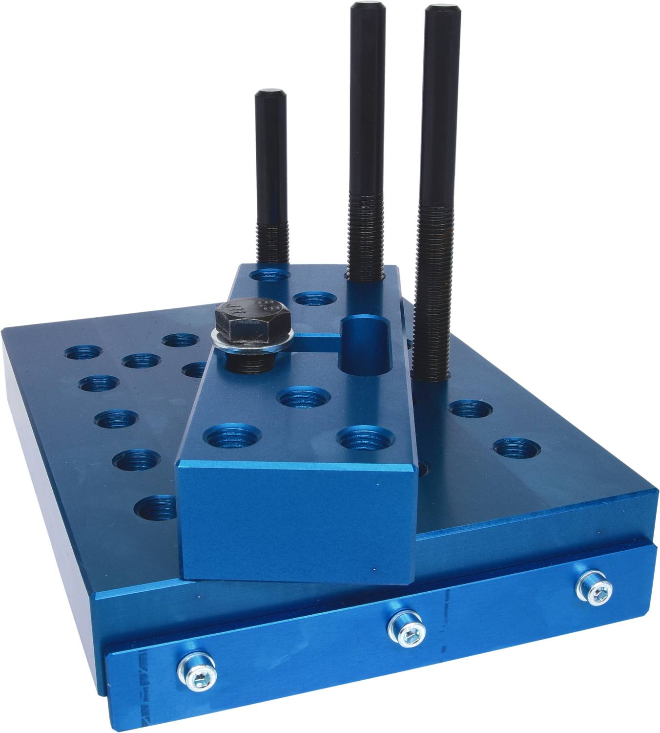 Un dispositif mécanique bleu avec plusieurs trous, vis et boulons, utilisé pour des applications techniques ou industrielles.
