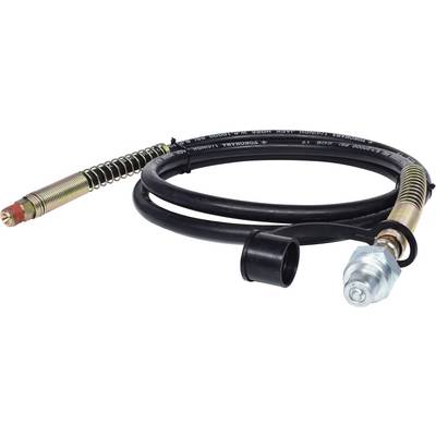 Un tuyau hydraulique noir avec des raccords métalliques à chaque extrémité, l'un avec un raccordement de valve, est posé sur une surface blanche.