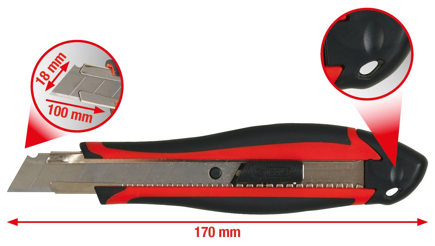 Cutter noir et rouge avec lame de 18 mm, long de 170 mm. Vue détaillée montrant la lame tranchante. Adapté pour des travaux de coupe précis.