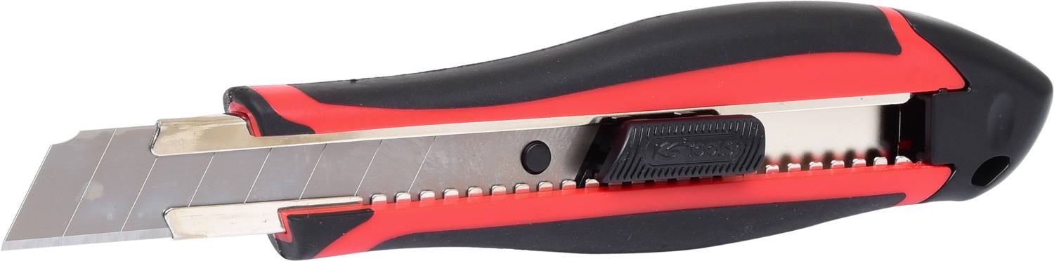 Un cutter rouge et noir avec une lame rétractable, adapté aux travaux de coupe précis.