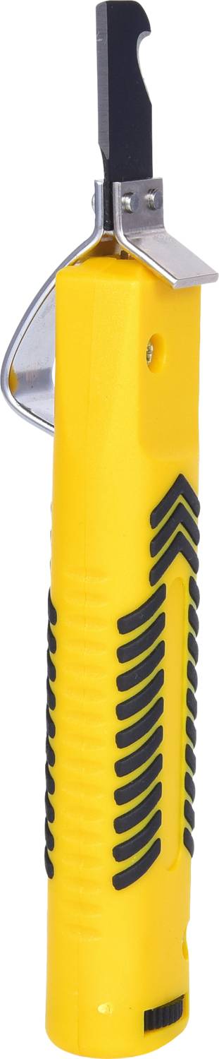 Couteau de sécurité jaune avec manche noir et lame visible, conçu pour les travaux d'emballage ou de coupe.