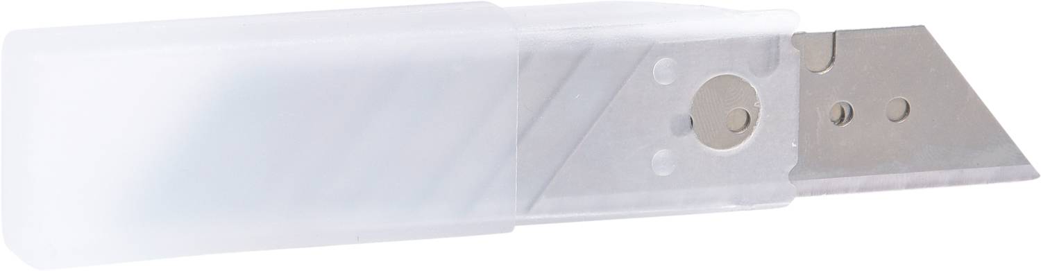 Lames interchangeables dans un boîtier en plastique, partiellement visibles. Idéal pour les cutters, permettant de remplacer et de stocker en toute sécurité les anciennes lames.