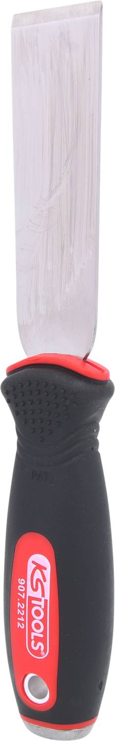 Une spatule avec une poignée rouge et noire, adaptée à de multiples applications artisanales. Lame en acier inoxydable pour précision et durabilité.