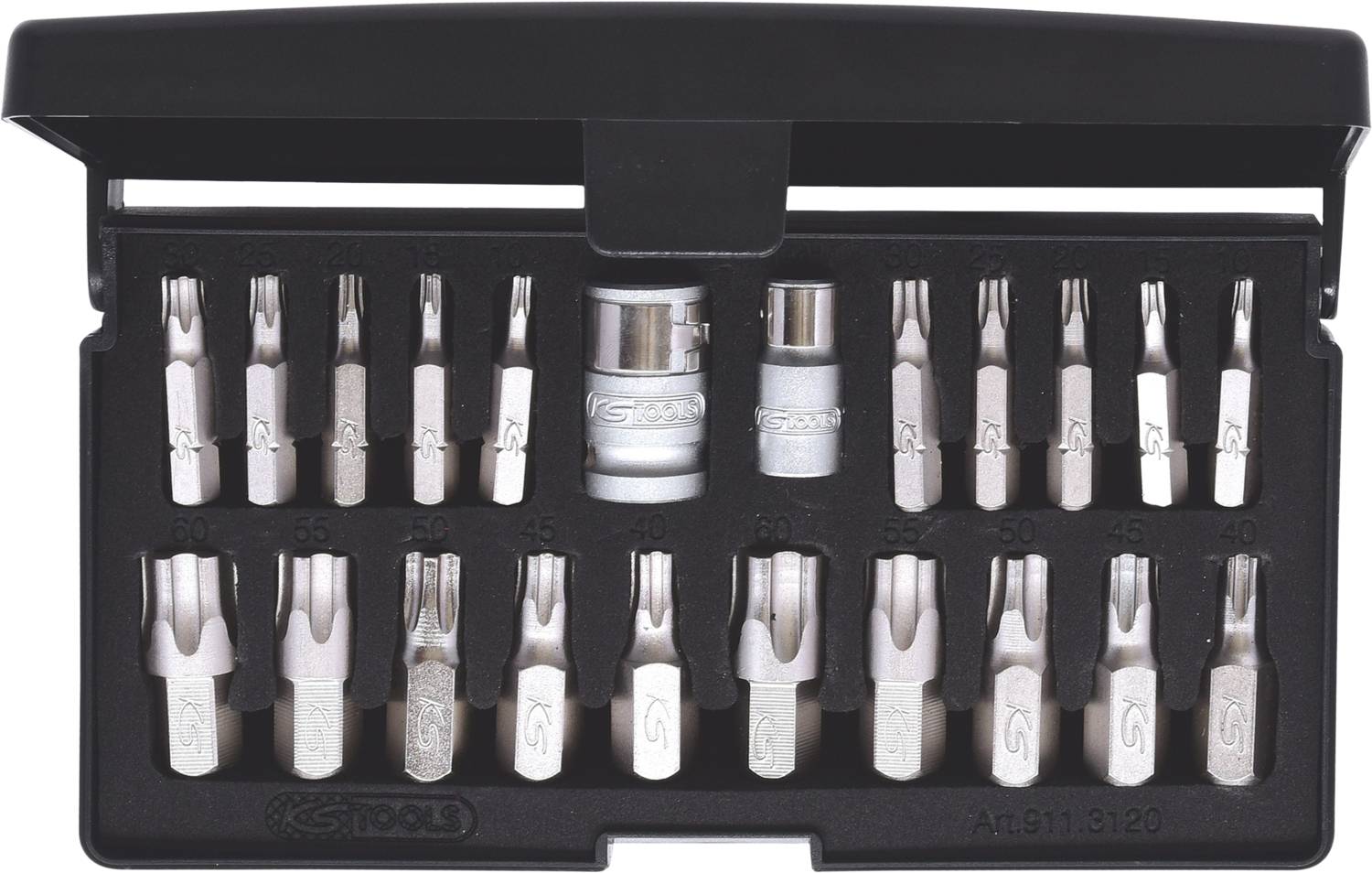 'Ensemble de tournevis avec différents embouts dans un boîtier noir. Comprend des embouts hexagonaux, à fente et cruciformes.'