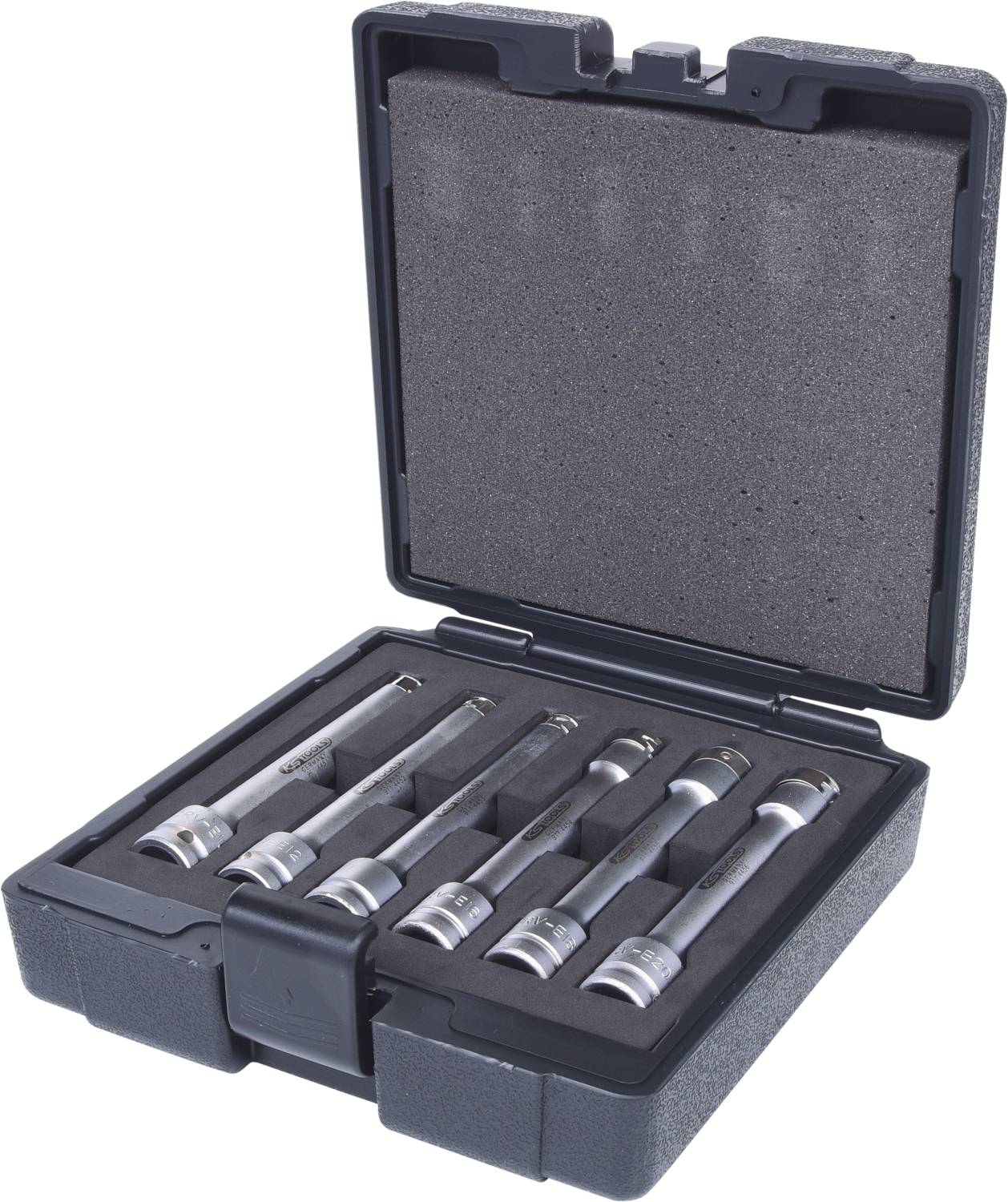 Boîte à outils comprenant six douilles à embouts, disposées dans un support en mousse de protection, prêtes à l'emploi.