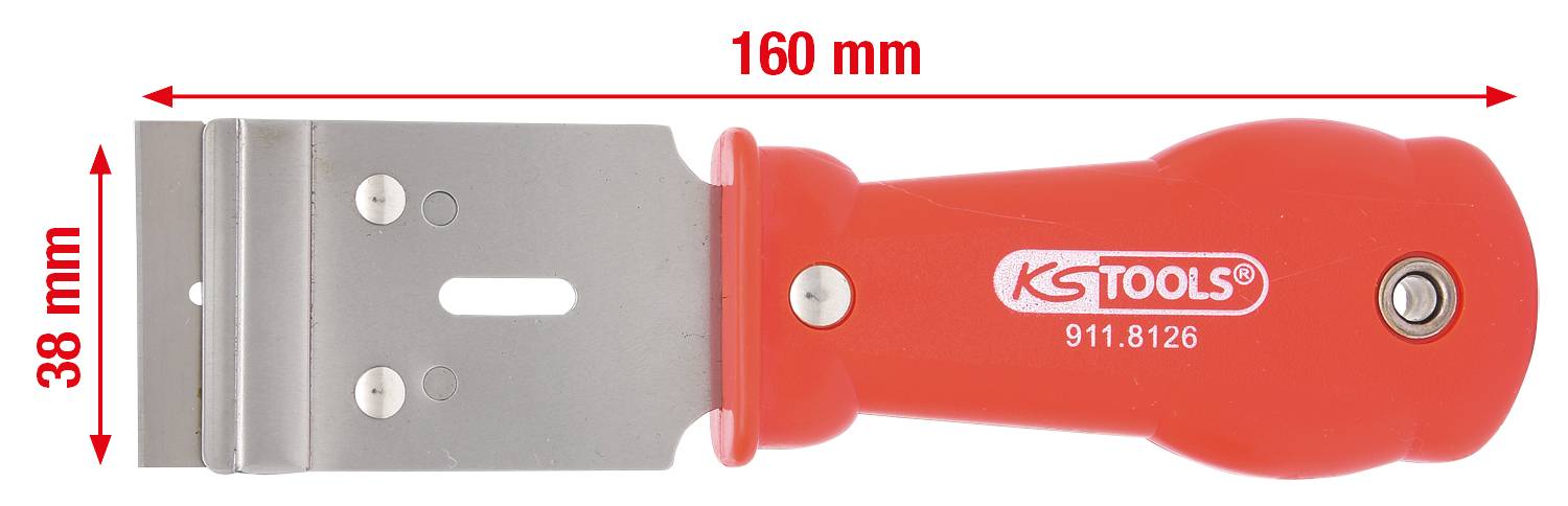 Un grattoir rouge avec support de lame et lame en métal. Longueur totale 160 mm, largeur 38 mm. Marque 'KS TOOLS' et numéro de modèle.