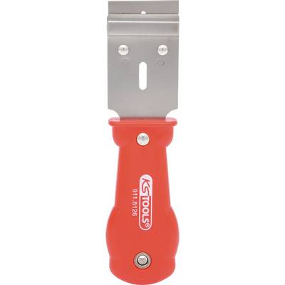 Grattoir en verre rouge avec lame en métal et poignée ergonomique, marqué 'KS Tools'. Utilisé pour enlever des résidus de colle ou de peinture.