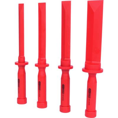 Quatre burins rouges de différentes longueurs avec des lames plates, disposés côte à côte.
