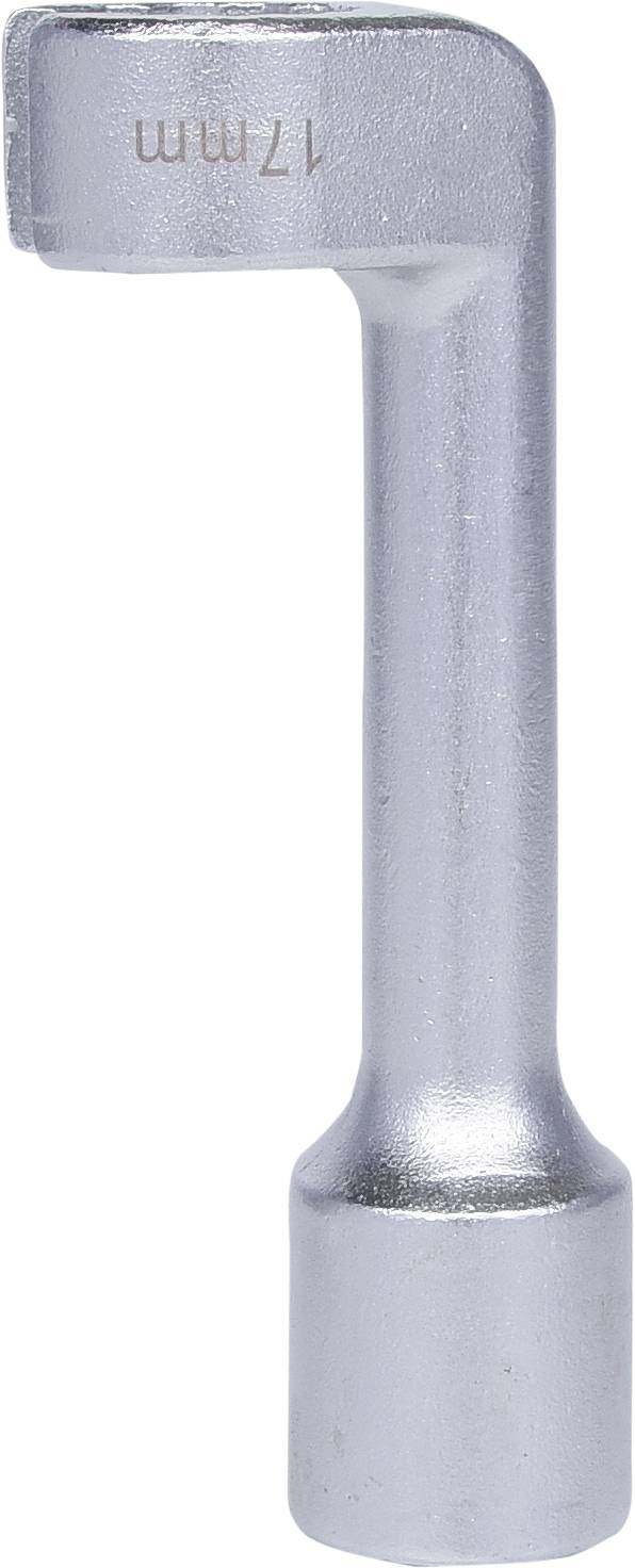 Une clé à molette en argent avec une extrémité en poignée circulaire fermée et portant l'inscription '17 mm'. Principalement utilisée pour les travaux manuels.