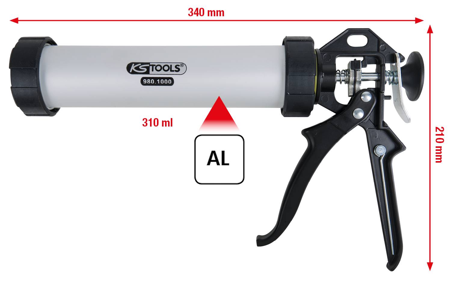 Presse à cartouche de 310 ml de volume, 340 mm de longueur et 210 mm de hauteur. Cylindre gris avec poignée noire, adaptée aux cartouches en aluminium.