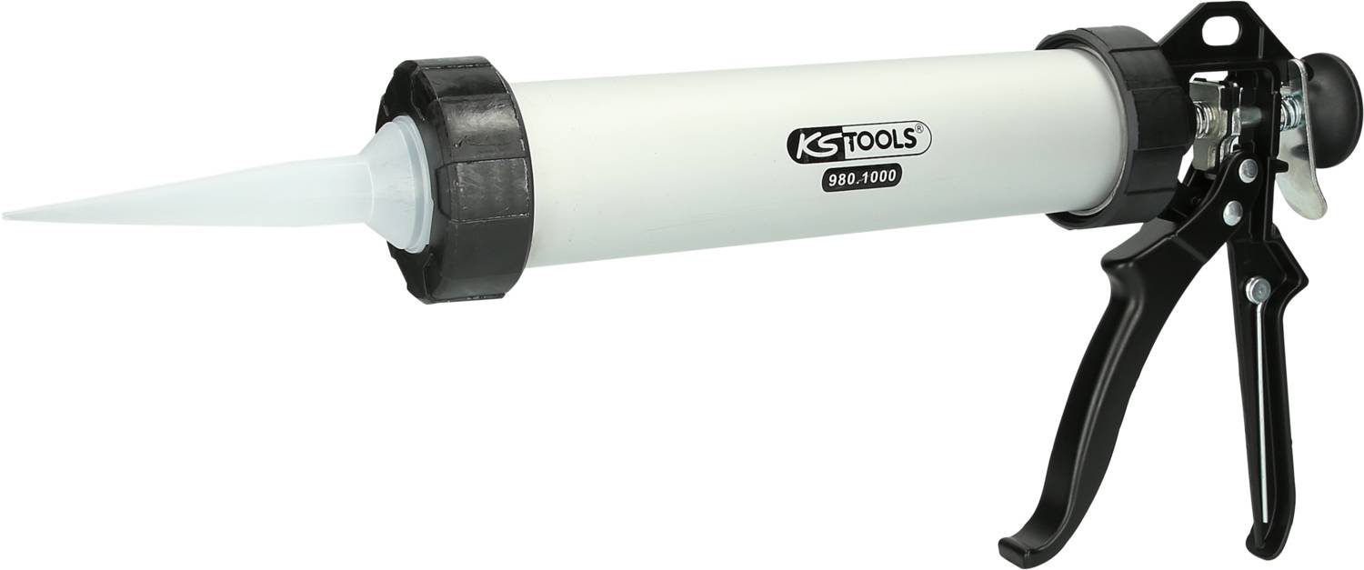 Un pistolet à cartouche blanc avec une poignée noire portant l'inscription 'KS Tools'. Utilisé pour l'application de produits d'étanchéité.