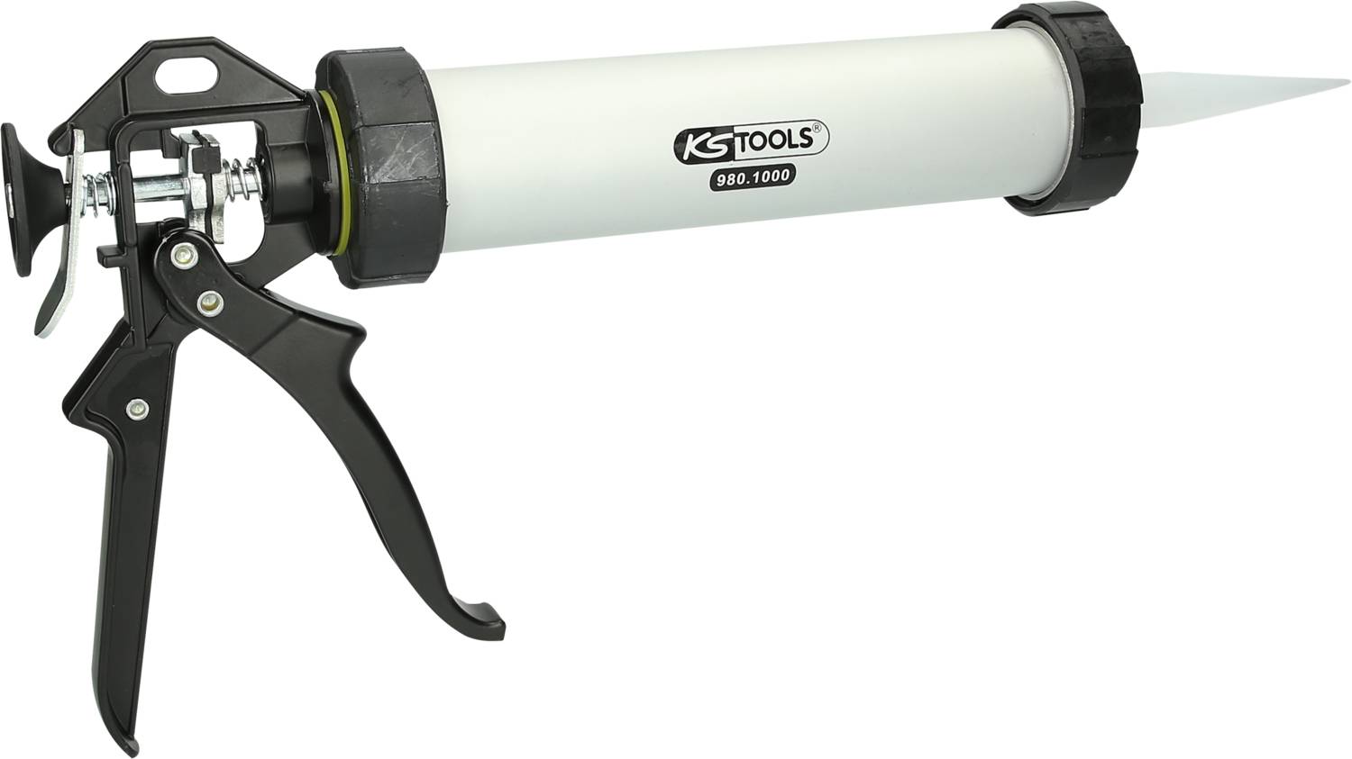 Pistolet à colle avec poignée noire et cylindre blanc, portant l'inscription « KS TOOLS 680.1000 » sur le cylindre.