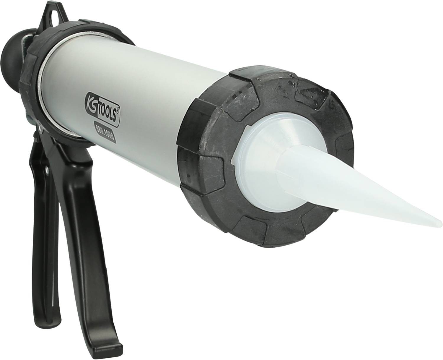 Pistolet à mastic avec corps en métal et buse en plastique, adapté pour les applications de silicone ou d'acrylique, posé sur un fond blanc.