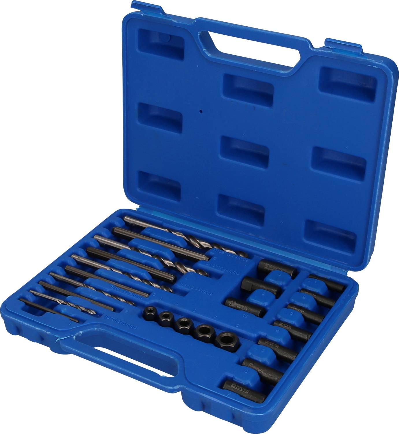 Ensemble de forets dans un coffret en plastique bleu contenant plusieurs tailles de forets. Le coffret est ouvert, présentant la disposition des outils.