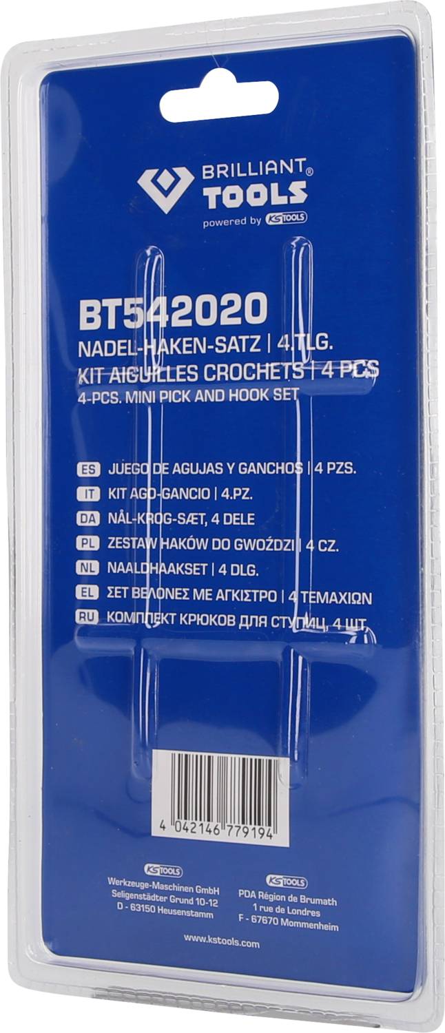 Emballage d'un ensemble de mini-crochets en 4 pièces. Marque 'Brilliant Tools'. Contient des petits crochets et est décrit dans plusieurs langues.