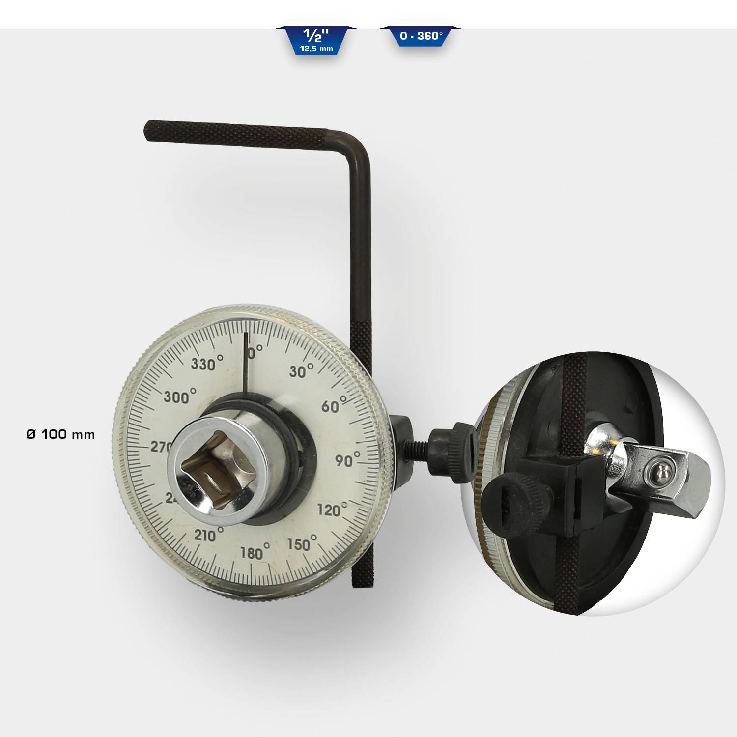 Rapporteur à bouton rotatif et échelle de 0 à 360 degrés, diamètre 100 mm. La vue détaillée montre un levier supplémentaire.