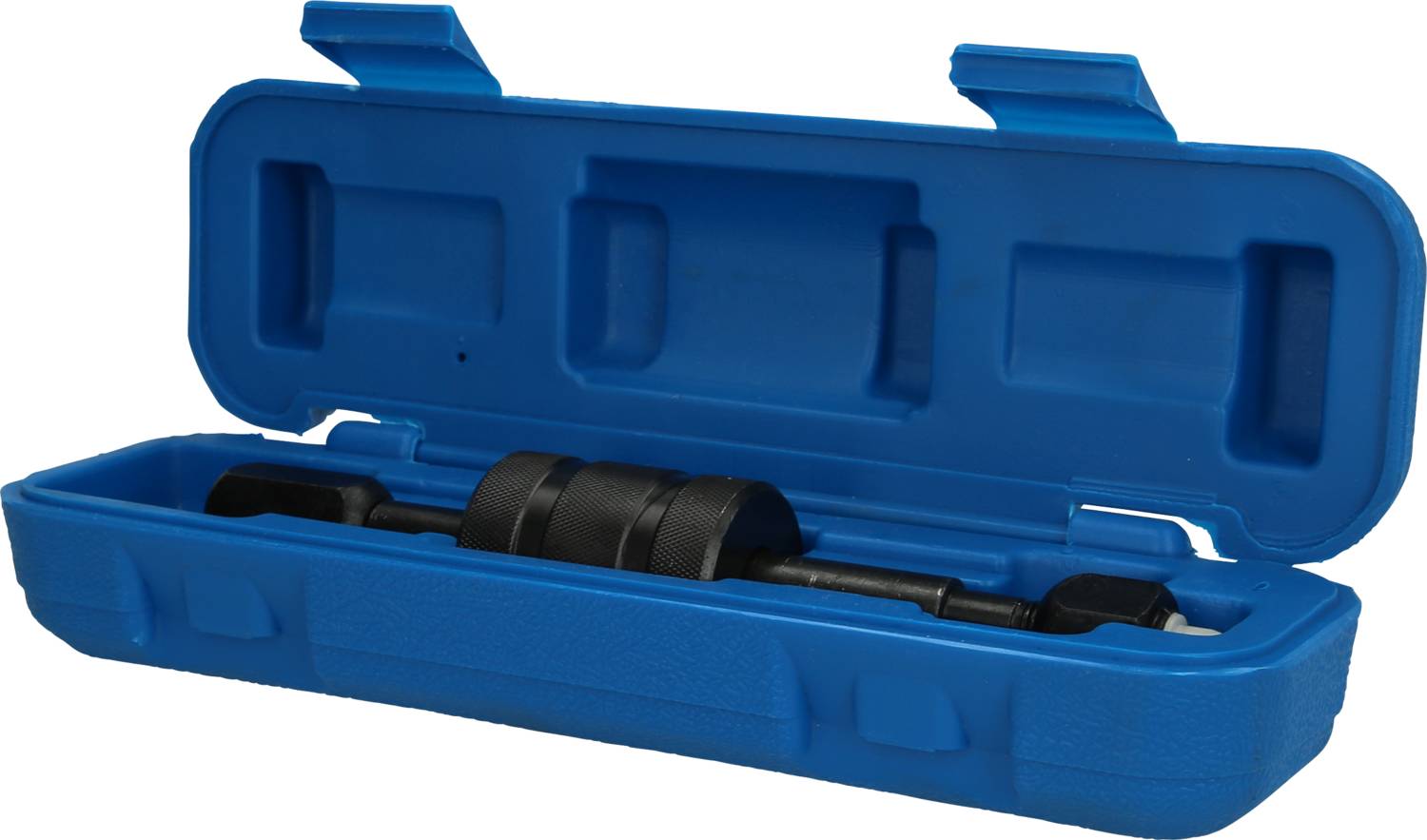 Boîte en plastique bleue contenant un outil noir avec une poignée et deux composants ronds, probablement utilisé pour la réparation automobile.