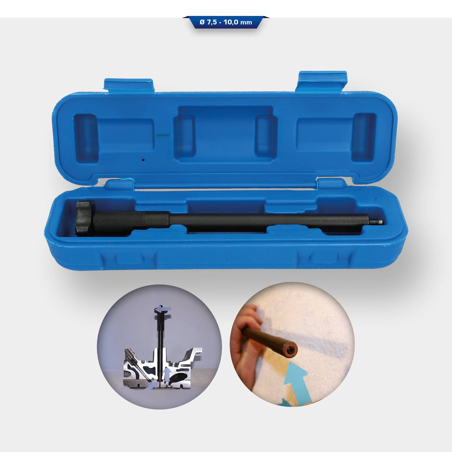 Kit d'outils bleu avec insert pour le travail des tuyaux. Deux illustrations montrent l'outil en train de couper et son utilisation sur un mur.
