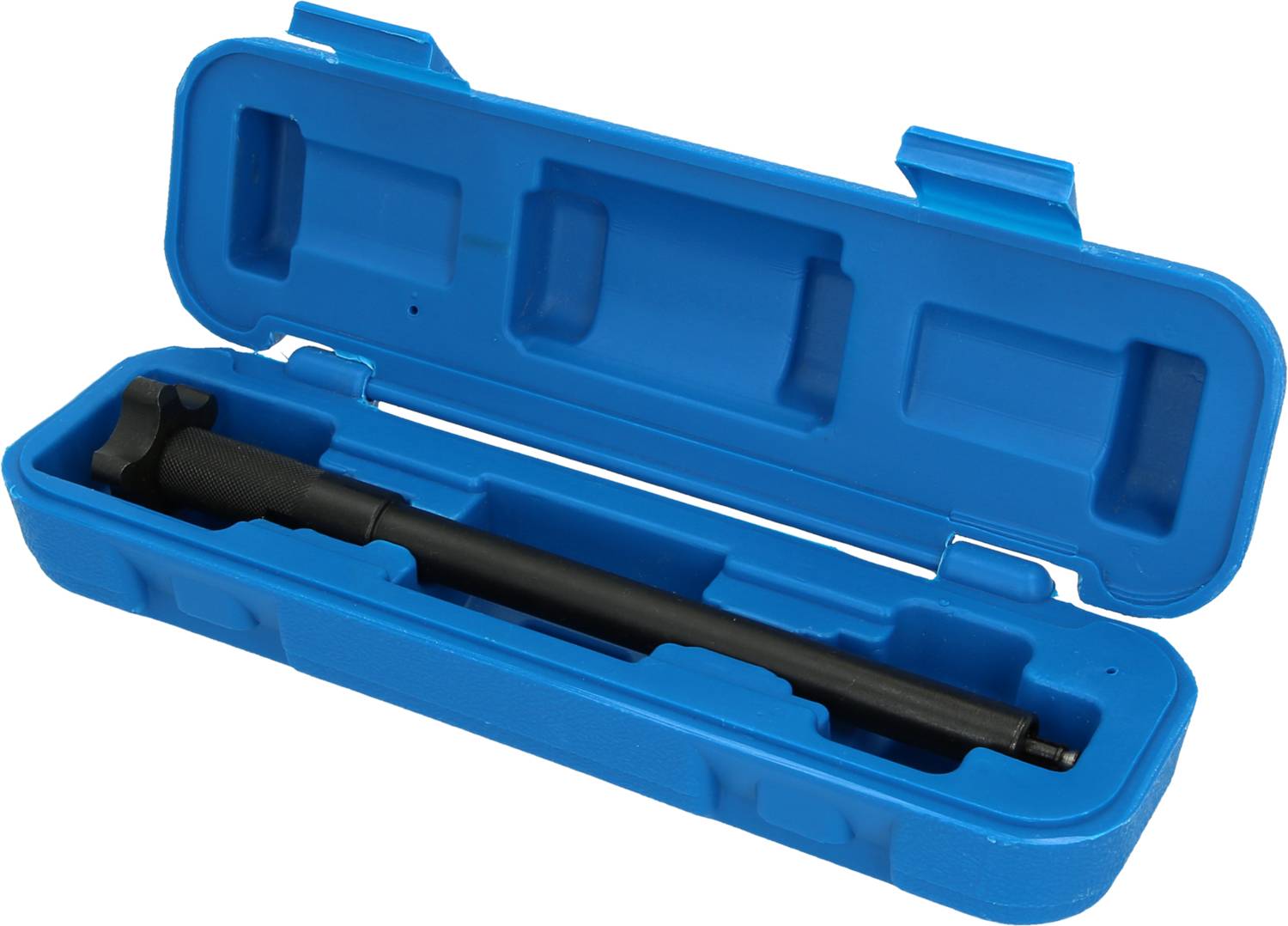 Une clé à molette dans un étui en plastique bleu, ouvert, montrant son contenu.