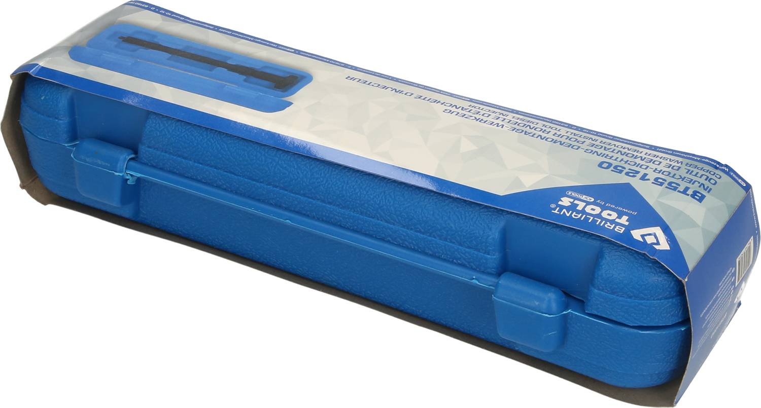Coffret à outils bleu dans un emballage rectangulaire. Contient plusieurs outils. L'emballage présente une poignée de transport et des informations sur le produit.