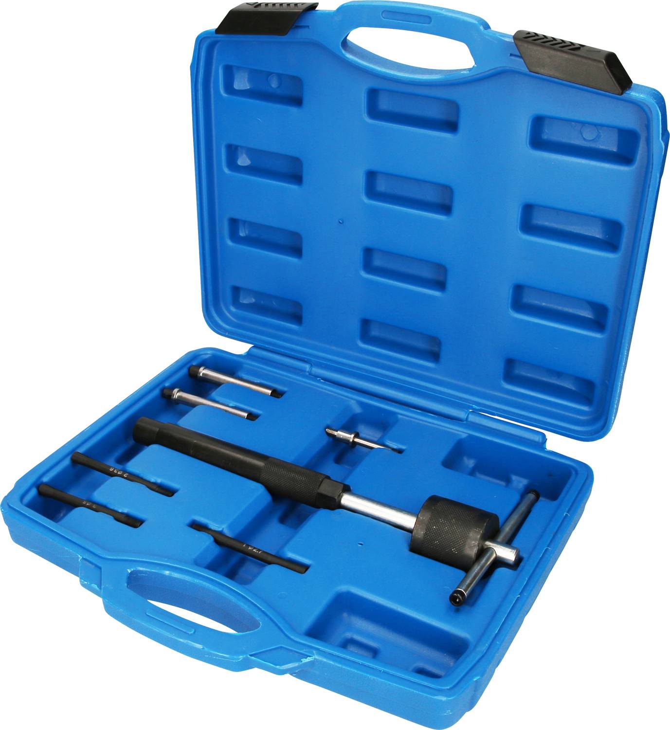 Mallette à outils bleue ouverte, montrant divers outils métalliques avec des poignées. Contient des perceuses et des clés à molette.